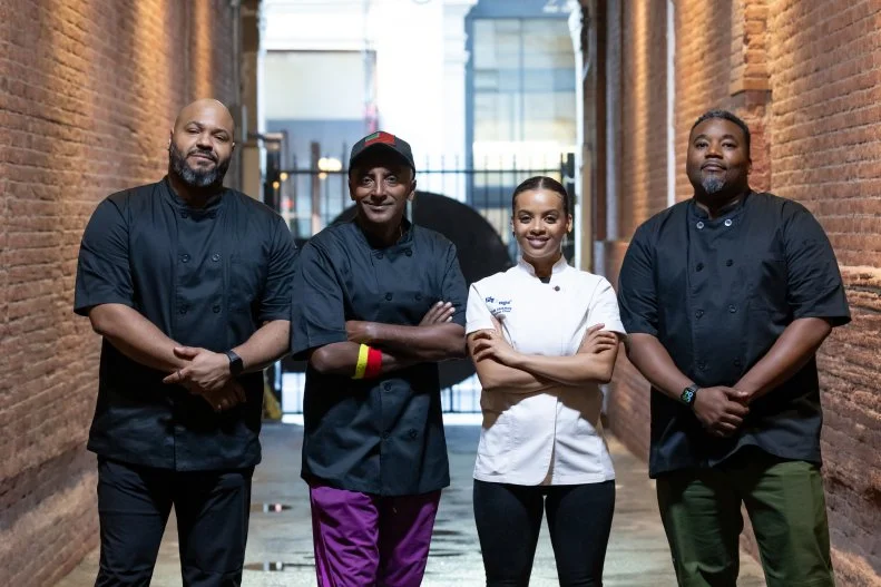 Chefs Fariyal Abdullahi, Marcus Samuelsson, Ed Brumfield and Greg Pena, as seen on The Line, Season 1