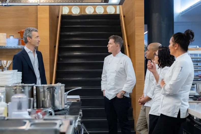 Restaurant Manager Laurence Kretchmer welcomes the home team Chef’s Bobby Flay, Antonia Lofaso, Michael Jenkins and Claudette Zepeda, as seen on The Line, Season 1