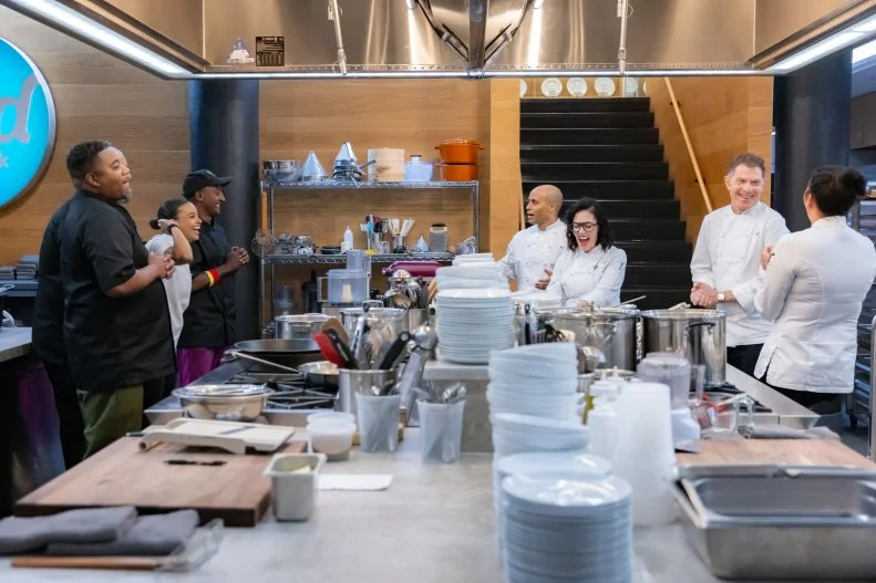 Chefs Fariyal Abdullahi, Marcus Samuelsson, Ed Brumfield and Greg Pena enter the kitchen to start the competion with Chef’s Bobby Flay, Antonia Lofaso, Michael Jenkins and Claudette Zepeda, as seen on The Line, Season 1