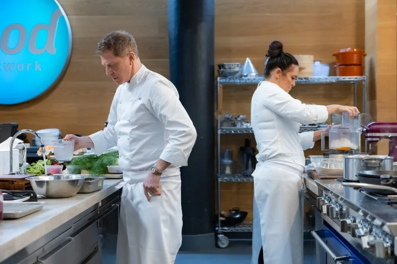 Chefs Antonia Lofaso and Bobby Flay prepare the menu dishes, as seen on The Line, Season 1