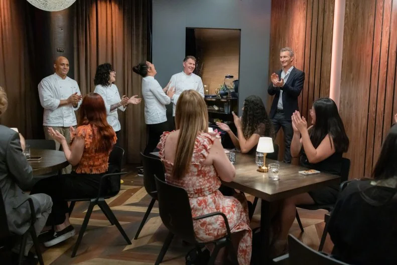 Restaurant Manager Laurence Kretchmer introduces competing Chef’s Bobby Flay, Antonia Lofaso, Michael Jenkins and Claudette Zepeda, as seen on The Line, Season 1