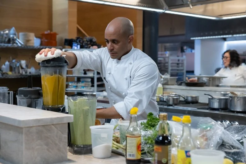 Chef Michael Jenkins prepares the menu dishes,  as seen on The Line, Season 1