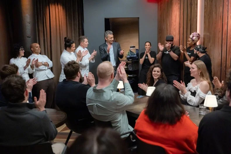 Restaurant Manager Laurence Kretchmer reveals the winner  The Line from Pig & Khao, Chefs Leah Cohen, Ben Byruch, Marissa Baptiste and Matt Adam to Chef’s Bobby Flay, Antonia Lofaso, Michael Jenkins and Claudette Zepeda, as seen on The Line, Season 1