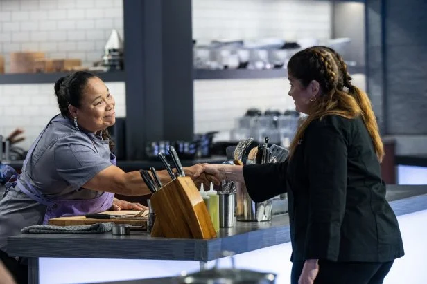 Contestant Crystal Wahpepah and Chef Alex Guarnaschelli, as seen on Alex vs America, Season 4.