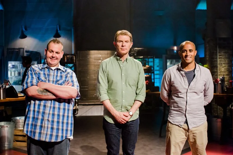Host Chef Bobby Flay joined by contenders Rob Hesse and Michael Jenkins, as seen on Food Network's Beat Bobby Flay, Season 3.