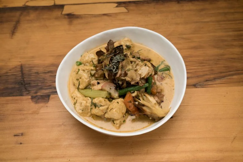 Contestant Kenneth Gilbert's Round 2 chicken and dumplings dish, as seen on Food Network's Beat Bobby Flay, Season 8.