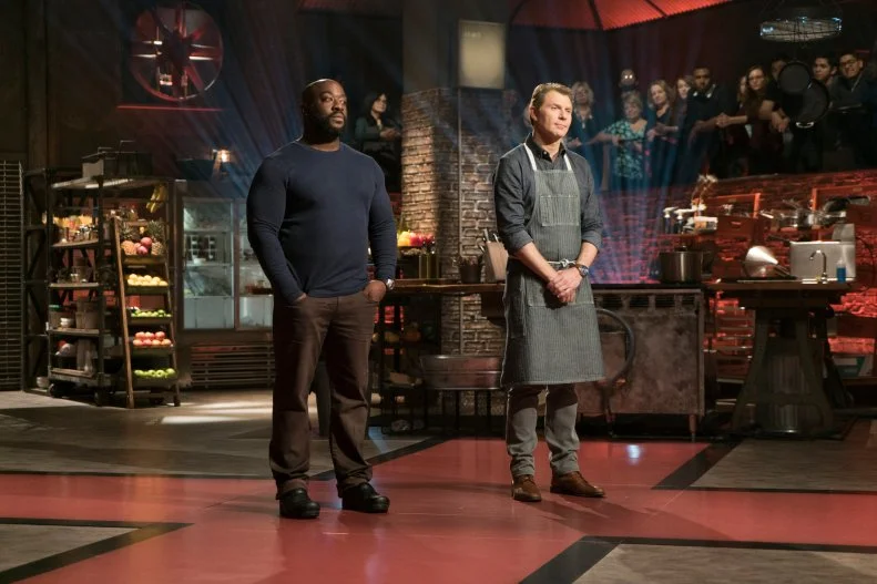 Host Bobby Flay with contestant Kenneth Gilbert, as seen on Food Network's Beat Bobby Flay, Season 8.
