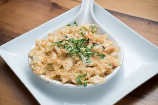 Challenger Max Hardy's bow tie pasta dish, as seen on Food Network's Beat Bobby Flay, Season 10.