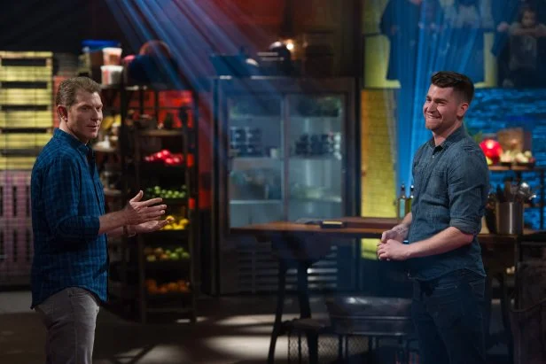 Bobby Flay talks to challenger Lee Koeppel, as seen on Food Network's Beat Bobby Flay, Season 10.