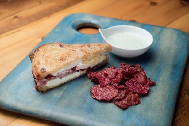 Challenger Lee Knoeppel's grilled cheese sandwich with beet chips and sauce, as seen on Food Network's Beat Bobby Flay, Season 10.
