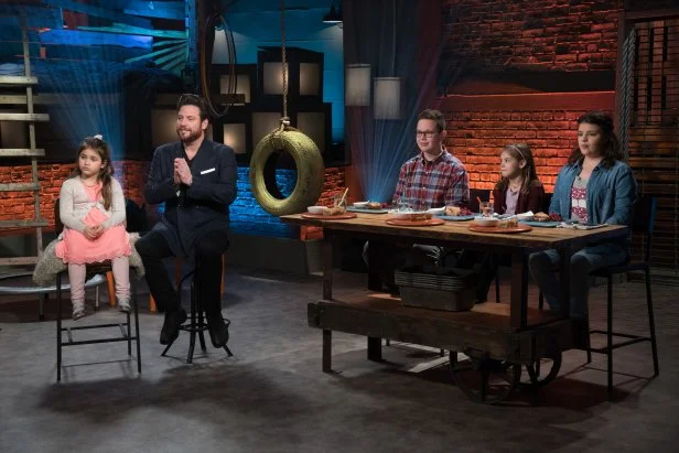 Co-hosts Scott Conant and Ayla Conant with judges Hunter Zampa, Julep Knowlton and Tatiana Cicciarella, as seen on Food Network's Beat Bobby Flay, Season 10.
