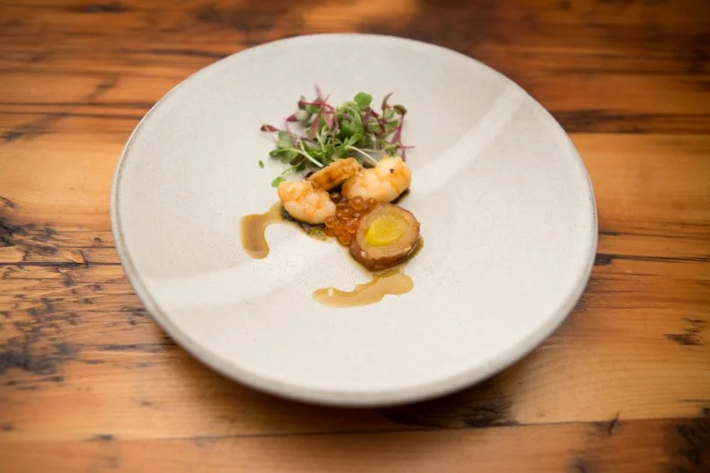 Shota Nakajima's fried leeks and shrimp in a pickled soy marinade