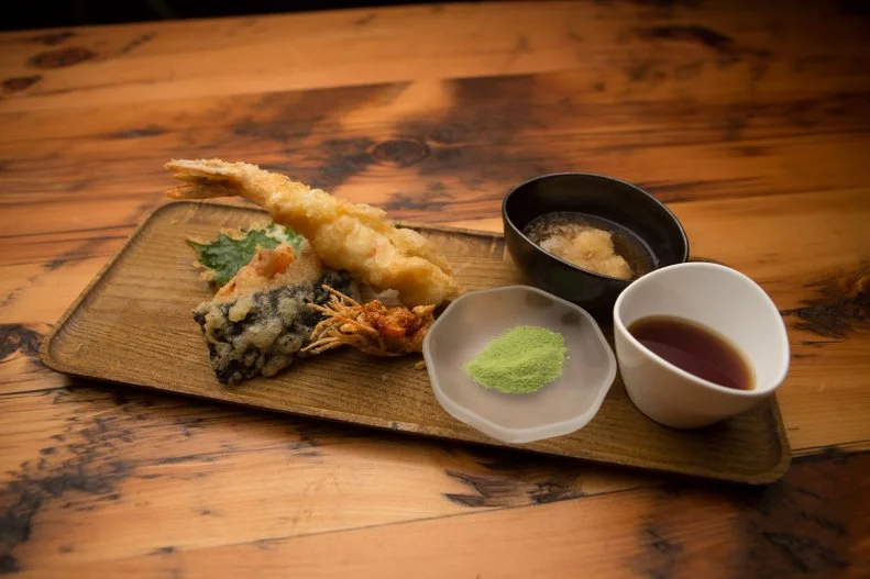 shrimp, lotus root and uni tempura with matcha salt, dashi and daikon