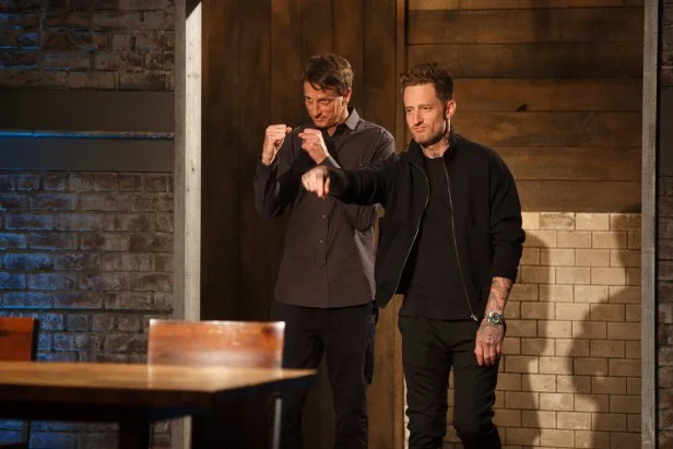 Co-Hosts Michael Voltaggio and Tony Hawk  enter Kitchen Stadium, as seen on Beat Bobby Flay, Season 20.