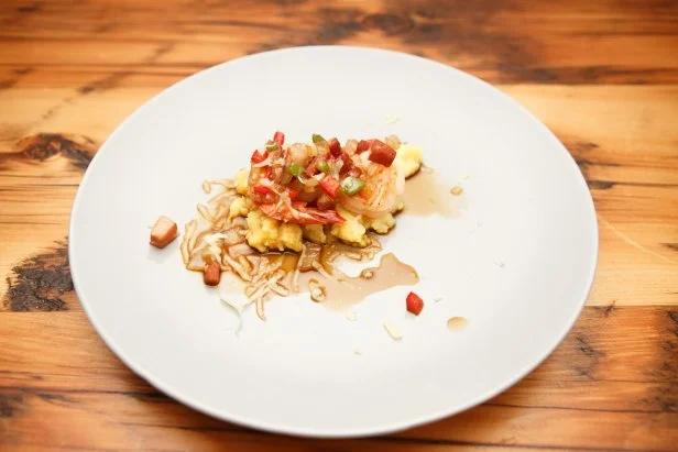 Contender Ming Pu's Shrimp and Polenta with Andouille Red-Eye Gravy, as seen on Beat Bobby Flay, Season 20.