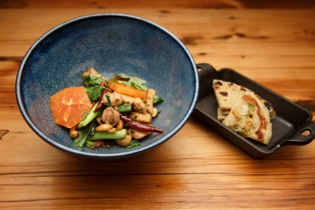 Contender Pablo Zitzmann's Kung Pao Chicken with Scallion Pancakes, as seen on Beat Bobby Flay, Season 20.