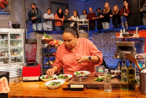Contender Crystal Wahpepah begins plating her Round 1 dish, as seen on Beat Bobby Flay, Season 33.