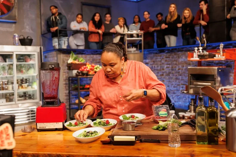 Contender Crystal Wahpepah begins plating her Round 1 dish, as seen on Beat Bobby Flay, Season 33.