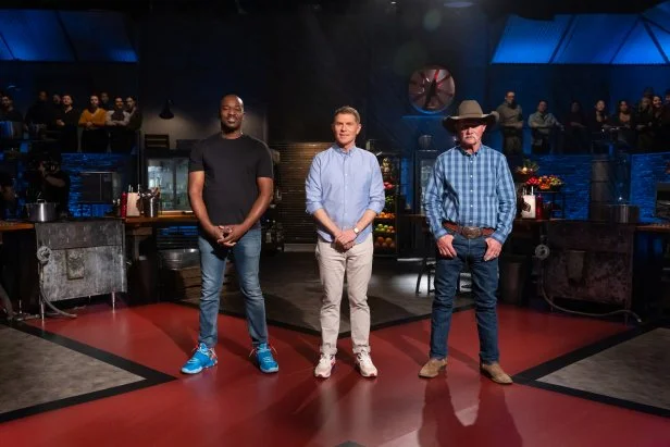 Host Bobby Flay and Contender’s Rashad Jones and Kent Rollins, as seen on Beat Bobby Flay, Season 34