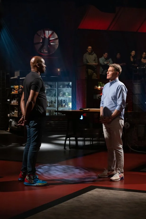 Host Bobby Flay and Contender Rashad Jones in final round signature dish reveal, as seen on Beat Bobby Flay, Season 34
