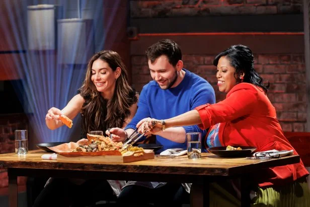 Judges Valentine Thomas, Jeremy Salamon, and Skai Young taste the Round 2 dishes, as seen on Beat Bobby Flay, Season 36.