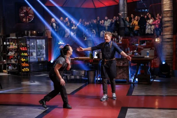 Chef Bobby Flay goes to hug contender Kaleena Bliss after her winning dish, as seen on Beat Bobby Flay, Season 36. 