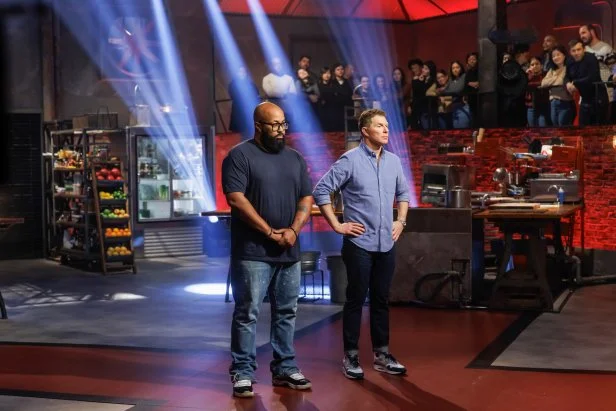 Contender Devan Cunningham and chef Bobby Flay await the results of Round 2, as seen on Beat Bobby Flay, Season 40.