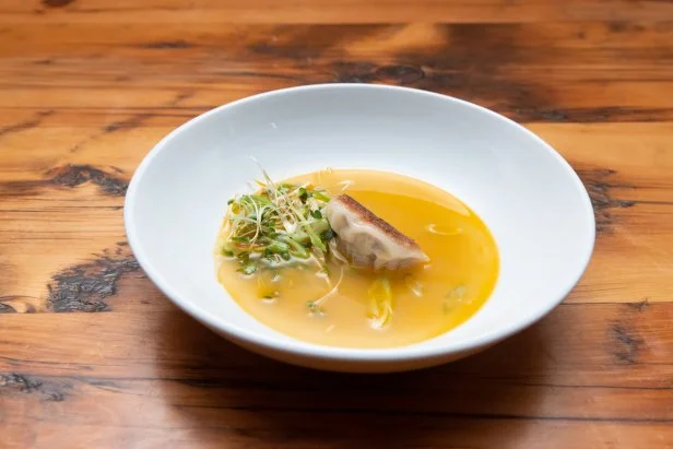 Contender Esther Choi's Pickled Herring Dumpling in a Pickled Herring Broth, as seen on Beat Bobby Flay: Holiday Throwdown.