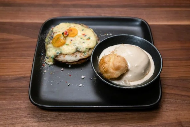Plates of breakfast food with sprinkles 