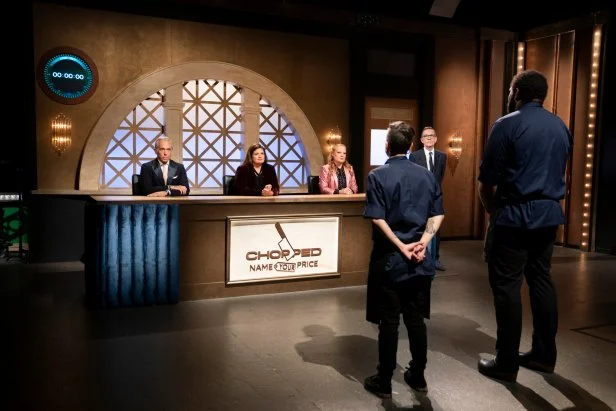 Judges Geoffrey Zakarian, Alex Guarnaschelli and Tiffani Faison with host Ted Allen with contestants Tucker Ricchi and Cameron Ingle in the final round of judging as seen on Chopped: Name Your Price Tournament, Season 61.