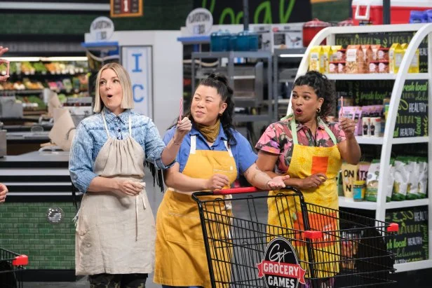 Chef Damaris Phillips, Chef Mei Lin, Chef Aarti Sequeira (L to R) waiting for "go" , as seen on Food Network's Guy's Grocery Games