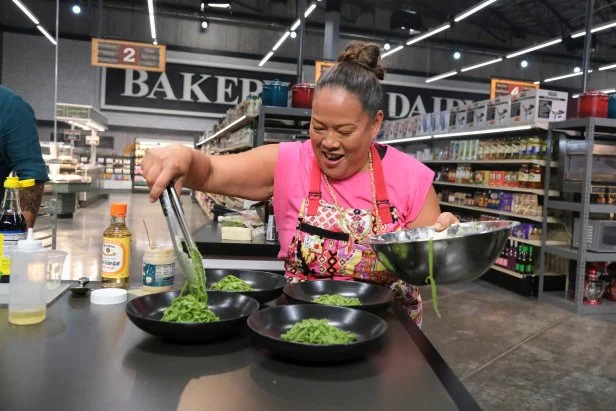 Lee Anne Wong plates her dish, as seen on Guy's Grocery Games, Season 40.