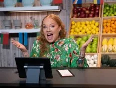 Host Guy Fieri introduces judge Tiffany Faison, as seen on Guy's Grocery Games, Season 41.