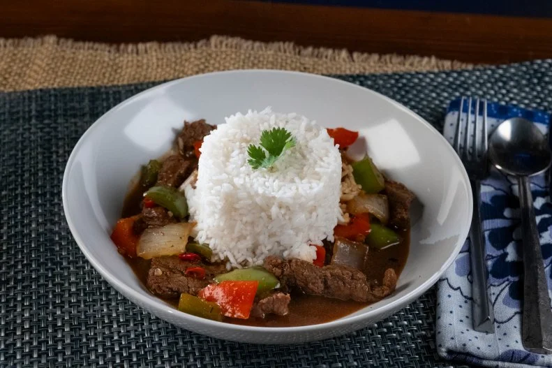 Contestant Tobias Dorzon's dish - Spicy Beef and Rice, as seen on Guy's Grocery Games, Season 41.