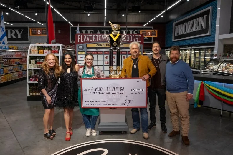 Judges Tiffany Faison and Maneet Chauhan, winner Claudette Zepeda, host Guy Fieri, Hunter Fieri, and judge Jonathon Sawyer, as seen on Guy's Grocery Games, Season 41.