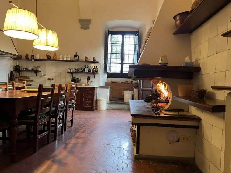 Interior shot of kitchen in Villa Medicea as seen on Chef Gabriele Bertaccini's property tour for House Hunters International (interior).