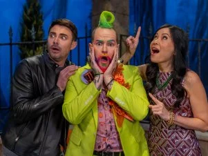 Host Jonathan Bennett with judges Shinmin Li and Andrew Fuller for the “Halloween B-Team” challenge as seen on Halloween Wars, Season 16.