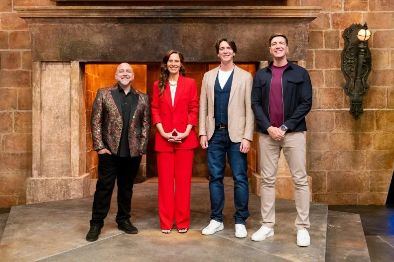 Judges Duff Goldman and Sarah Mountain with Hosts James and Oliver Phelps, as seen on Harry Potter: Wizards of Baking, Season 3.