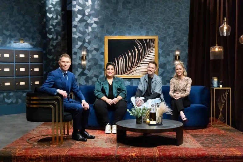 Host Bobby Flay, Titans Brooke Williamson, Michael Voltaggio and Ayesha Nurdjaja, as seen on Bobby’s Triple Threat, Season 4.
