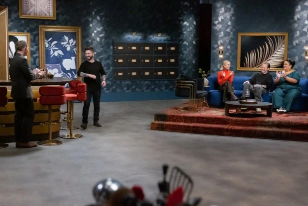 Host Bobby Flay introduces the competing chef Alex Stupak to the Titans Brooke Williamson, Michael Voltaggio and Ayesha Nurdjaja, as seen on Bobby’s Triple Threat, Season 5