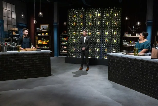 Host Bobby Flay, Chef Alex Stupak and Titan Ayesha Nurdjaja in round 3 secret ingredient reveal,  as seen on Bobby’s Triple Threat, Season 5