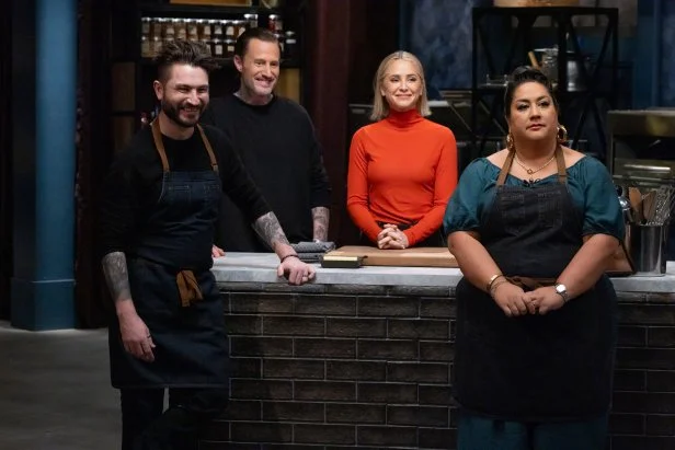 Chef Alex Stupak, Titans Brooke Williamson, Michael Voltaggio and Ayesha Nurdjaja in winner reveal, as seen on Bobby’s Triple Threat, Season 5