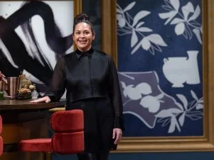 Chef Antonia Lofaso is surprised to find out she will be cooking against the Titans, as seen on Bobby’s Triple Threat, Season 5