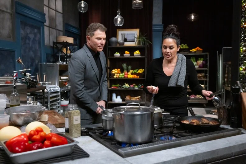 Host Bobby Flay and Chef Antonia Lofaso in round 1, as seen on Bobby’s Triple Threat, Season 5