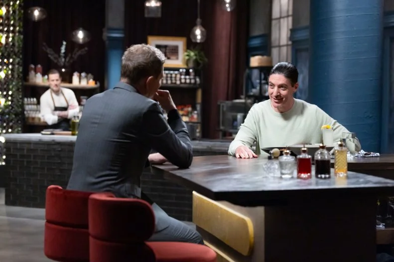 Host Bobby Flay, Judge Stefano Secchi, Titans Brooke Williamson and Ayesha Nurdjaja in round 1 judging and tasting, as seen on Bobby’s Triple Threat, Season 5