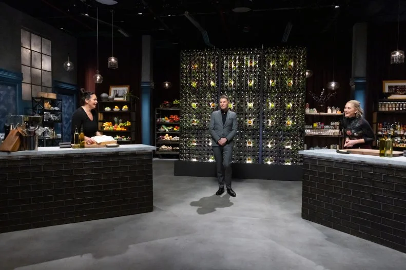 Host Bobby Flay, Chef Antonia Lofaso and Titan Brooke Williamson in final round ingredient reveal, as seen on Bobby’s Triple Threat, Season 5