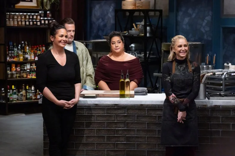 Chef Antonia Lofaso, Titans Brooke Williamson, Michael Voltaggio and Ayesha Nurdjaja in winner reveal, as seen on Bobby’s Triple Threat, Season 5