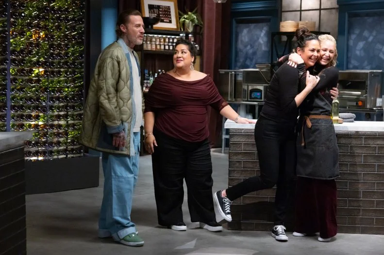 Chef Antonia Lofaso, Titans Brooke Williamson, Michael Voltaggio and Ayesha Nurdjaja in winner reveal, as seen on Bobby’s Triple Threat, Season 5