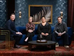Host Bobby Flay, Titans Brooke Williamson, Michael Voltaggio and Ayesha Nurdjaja, as seen on Bobby’s Triple Threat, Season 5