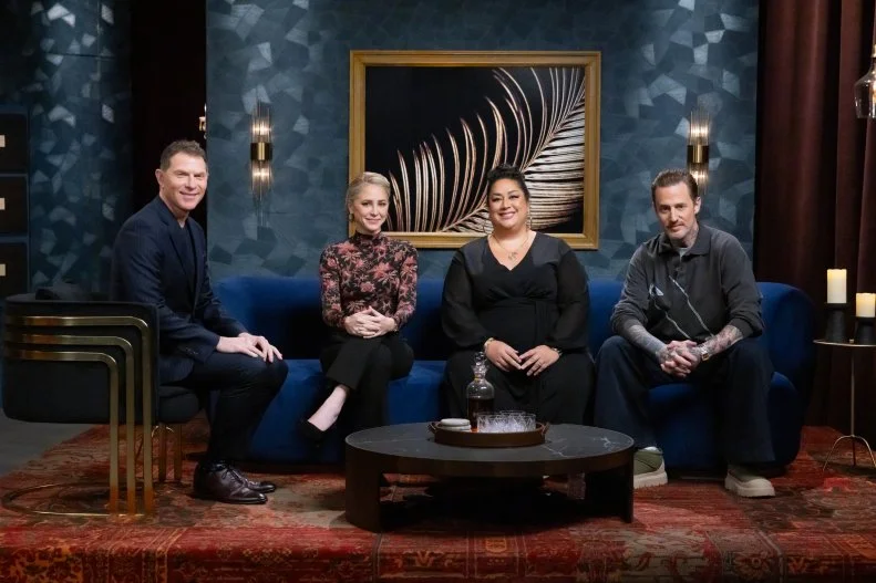 Host Bobby Flay, Titans Brooke Williamson, Michael Voltaggio and Ayesha Nurdjaja, as seen on Bobby’s Triple Threat, Season 5